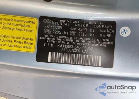 2010 Hyundai Genesis 3.8 Track z USA, uszkodzony, nr VIN KMHHU6KH2AU006952